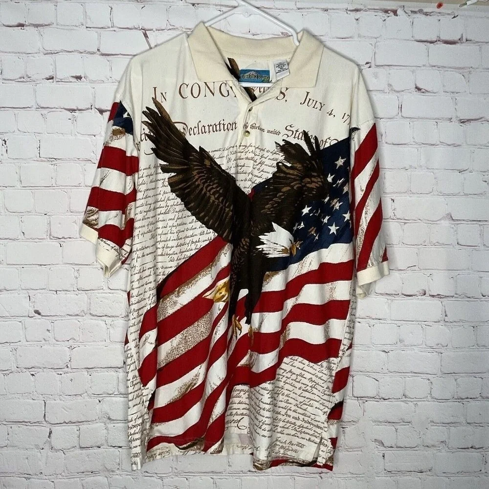 Declaration of Independence Eagle All Over 4th Of July America Polo Shirt Men XL